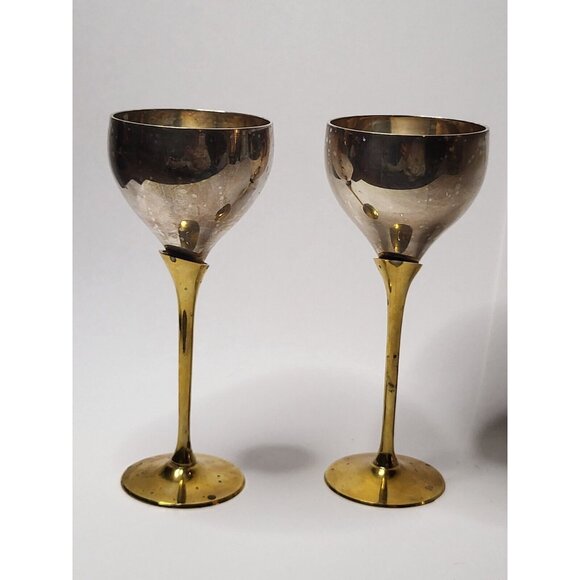 Vintage Brushed Brass Goblet Wine Water Set Of 2 Two-Tone - Picture 1 of 16
